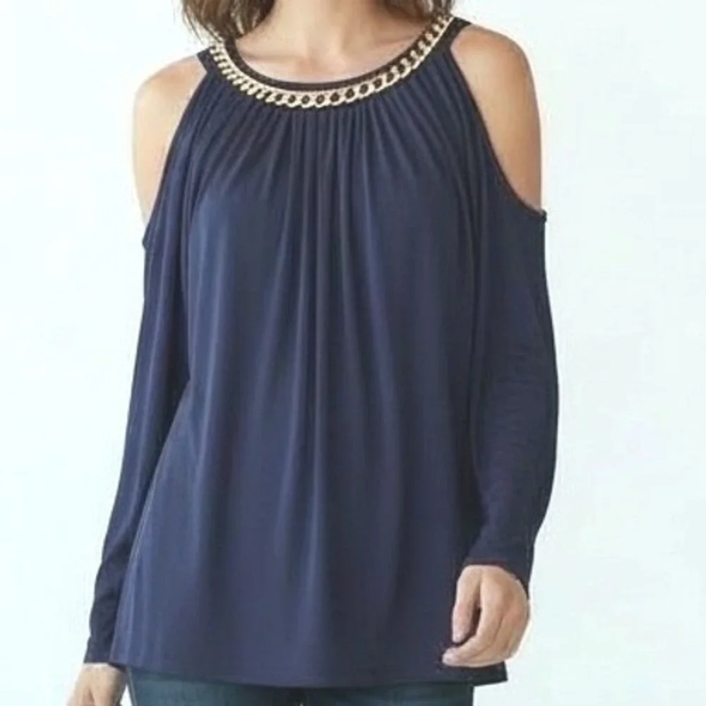 Michael Kors Navy Blue Chain Neck Dolman Sleeve Top Womens M cold shoulder